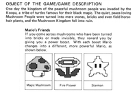 Screenshots of the Super Mario Bros. instruction manual that explain that the Toads transformed into "bricks" are those that "reward you by giving you a power boost", dispelling the rumor that Mario is harming the transformed Toads