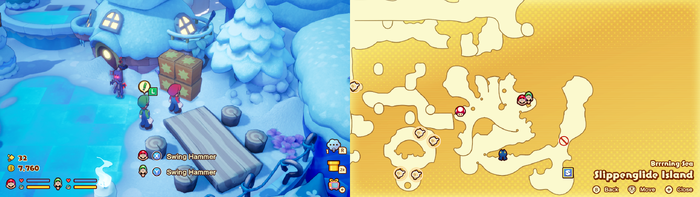 Mario and Luigi near wooden crates containing a Coin and a Mushroom on Slippenglide Island of Mario & Luigi: Brothership.