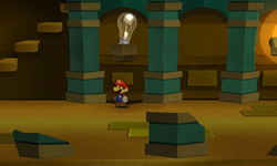 Mario near the Lightbulb Thing in Yoshi Sphinx of Paper Mario: Sticker Star.