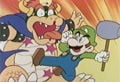 Luigi kicks Koopa, hammer in hand.