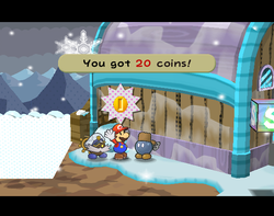 Mario getting 20 Coins from Gob in Fahr Outpost of Paper Mario: The Thousand-Year Door.