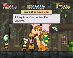 Bowser getting the Cave Key from Flint Cragley in Floro Caverns of Chapter 5-3 of Super Paper Mario.