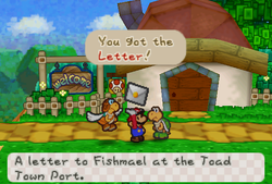 Mario receiveing a first letter from the Koopa near the entrance of Koopa Village of Paper Mario.