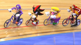 Waluigi, Shadow, Wario, and Dr. Eggman cycling.