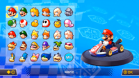 The full character selection screen in Mario Kart 8.