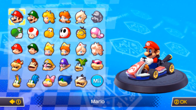 The full character selection screen in Mario Kart 8.