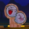 A Wooden cutout of two Boos in Mario Kart Tour.