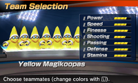 Yellow Magikoopa's stats in the soccer portion of Mario Sports Superstars