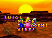 Luigi, Princess Peach and Yoshi win in Mario Party with a grammar error in the win message