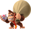 Donkey Kong holding a bag full of Mini Marios in Mario vs. Donkey Kong on Nintendo Switch.