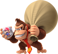 Donkey Kong holding a bag full of Mini Marios in Mario vs. Donkey Kong on Nintendo Switch.