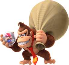 Donkey Kong holding a bag full of Mini Marios in Mario vs. Donkey Kong on Nintendo Switch.