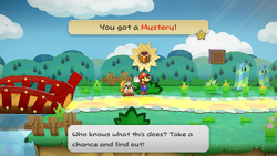 Mario getting a Mystery from a bush in the western part of Petal Meadows of Paper Mario: The Thousand-Year Door for Nintendo Switch.