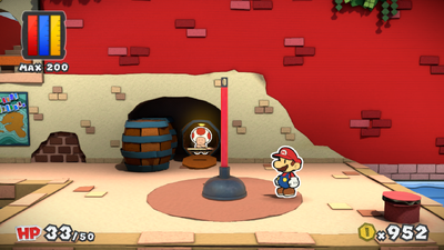 Mario near the Plunger Thing in Port Prisma of Paper Mario: Color Splash.