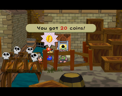 Mario getting 20 Coins from Garf in Rogueport of Paper Mario: The Thousand-Year Door.