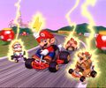 Mario Kart 64 artwork depicting Mario shrinking Wario, Donkey Kong and Bowser