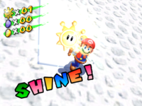 Mario earns a Shine Sprite in the localized version of Super Mario Sunshine. The English "Shine Get!" exclamation has since gained infamy