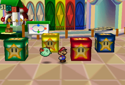 Mario finding 4 Coins in the boxes found at the Green Station in Shy Guy's Toy Box of Paper Mario.