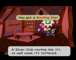 Mario getting the Routing Slip from Mayor Dour in Twilight Town of Paper Mario: The Thousand-Year Door.