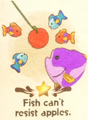 "Fish can't resist apples." discovery from Casterway Habitat in Yoshi and the Mysterious Book