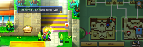 Mario getting 8 Chuckle Beans, 8 Hee Beans, 8 Hoo Beans and 8 Woo Beans from a young beanish dude found between Starbeans Cafe and stairs in the town part of Beanbean Castle of Mario & Luigi: Superstar Saga + Bowser's Minions.