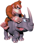 DK mounted on Rambi in Donkey Kong Country.