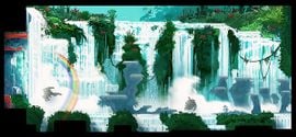Concept artwork from Donkey Kong Country Returns showing waterfalls in a jungle-like area.