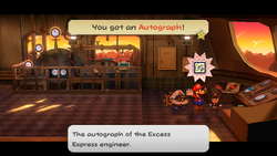 Mario getting an Autograph from the engineer on Excess Express of Paper Mario: The Thousand-Year Door for Nintendo Switch.