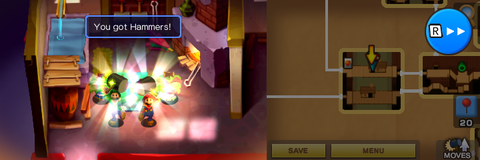 Mario and Luigi getting 2 Hammers from the Hammerhead Bros. in the Hoohoo Village part of Hoohoo Mountain of Mario & Luigi: Superstar Saga + Bowser's Minions.