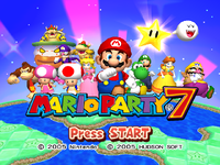The title screen with the playable characters and Bowser, Koopa Kid and Donkey Kong.