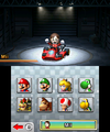 The character selection menu with the default characters and Mii.