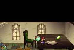 Mario finding a Star Piece on the small table in Tubba Blubba's Castle in Paper Mario