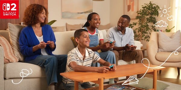 Photograph of a family playing a Nintendo Switch 2 game together. The image is used in an opinion poll on Nintendo Switch 2 games.