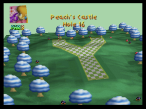 The sixteenth hole of Peach's Castle from Mario Golf (Nintendo 64)