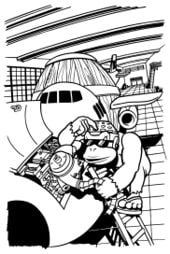 Illustration from page 43 of Donkey Kong Country: Rumble in the Jungle, showing Funky Kong trying to repair his barrel plane.