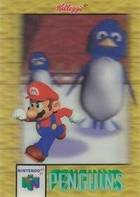 Artwork of Penguins on a Kellogg's trading card promoting Super Mario 64. Background is blurred due to lenticular printing.