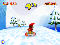 Diddy Kong racing through Walrus Cove in Diddy Kong Racing DS.
