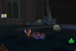 Mario finding Strange Leaf in the bush outside the Boo's Mansion of Paper Mario.