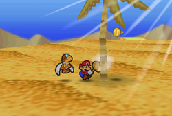 Mario finding a Coin in the scene C7 of Dry Dry Desert of Paper Mario.