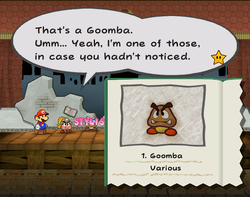 Goombella using Tattle on a Goomba in Paper Mario: The Thousand-Year Door