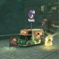 A Yoshi's food truck in Boo Cinema with a purple-red logo