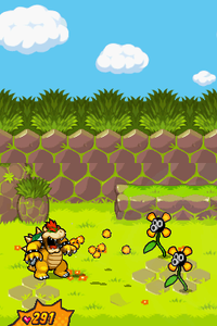 Bowser inhaling the petals of two Flifits in Bumpsy Plains