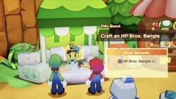 Mario and Luigi about to take on Maykit's Craft an HP Bros. Bangle side quest in Mario & Luigi: Brothership