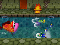Wario gets eaten in Cheep Cheep Chase from Mario Party 3.
