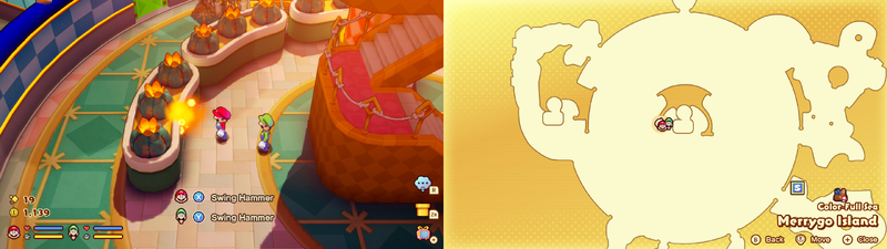 Mario and Luigi near a Sprite Bulb Nest on Merrygo Island of Mario & Luigi: Brothership.