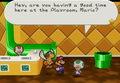 A Toad greeting Mario in the underground Playroom.