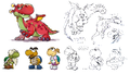 Concept artwork with various design iterations of Hooktail; the colored one notably lacks the "pop-up book" effect and has a floral pattern on her back.