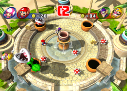 Wario getting flung away in Winner or Dinner from Mario Party 8