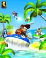 Pipsy firing a missile while driving her hovercraft in Diddy Kong Racing