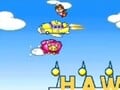 A flying man, Dribble's taxi & Orbulon's Oinker above the Hawt House